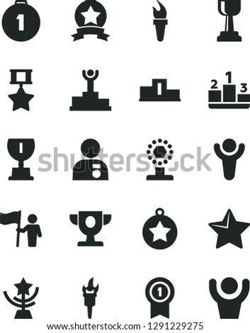 Solid Black Vector Icon Set - star vector, pedestal, flame torch, winner, podium, prize, award, cup, gold, man with medal, hold flag, first place, pennant, hero, ribbon, hands up