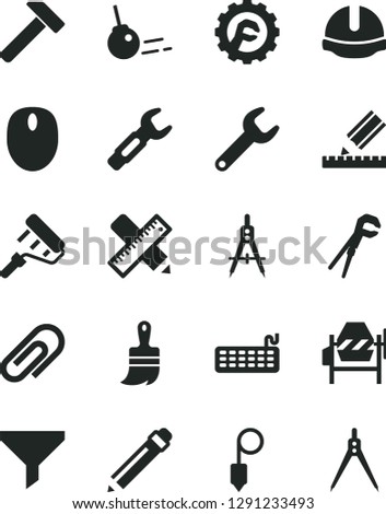 Solid Black Vector Icon Set - clip vector, graphite pencil, concrete mixer, adjustable wrench, paint roller, wooden brush, writing accessories, drawing, construction helmet, plummet, star gear, core