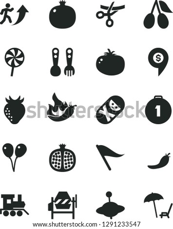Solid Black Vector Icon Set - wind direction indicator vector, tumbler, plastic fork spoons, baby toy train, yule, colored air balloons, concrete mixer, tomato, lollipop, pomegranate, half, cornels
