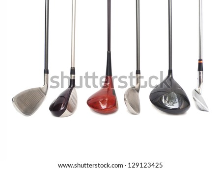 six different golf clubs on white background.