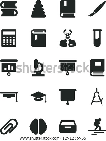 Solid Black Vector Icon Set - tassel vector, clip, calculator, book, stacking rings, e, books, drawer, scribed compasses, presentation, test tube, microscope, brain, scientist, graduate hat, board