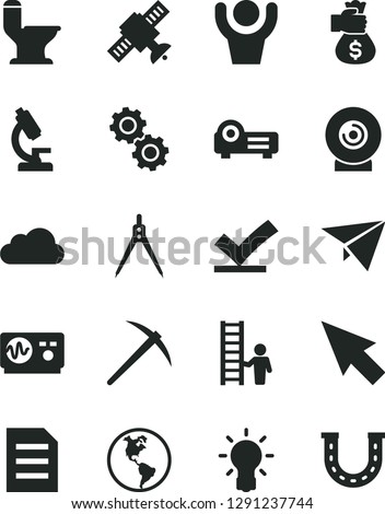 Solid Black Vector Icon Set - comfortable toilet vector, lens, planet Earth, projector, cursor, cloud, file, microscope, bulb, gears, satellite, oscilloscope, drawing compass, man with ladder, luck