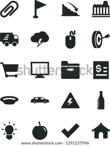Solid Black Vector Icon Set - danger of electricity vector, monitor, clip, check mark, pennant, storm cloud, folder, plate, tasty plum, hydroelectricity, Glass bottle, cart, recession, mouse, bulb