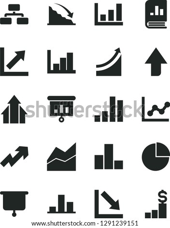 Solid Black Vector Icon Set - upward direction vector, growth up, pie chart, bar, line, graph, negative, histogram, flowchart, recession, book on statistics, presentation, board, arrows