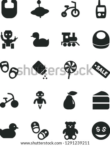 Solid Black Vector Icon Set - baby powder vector, bib, rubber duck, duckling, toy mobile phone, small teddy bear, train, yule, child bicycle, tricycle, shoes for little children, piece of cake, pear