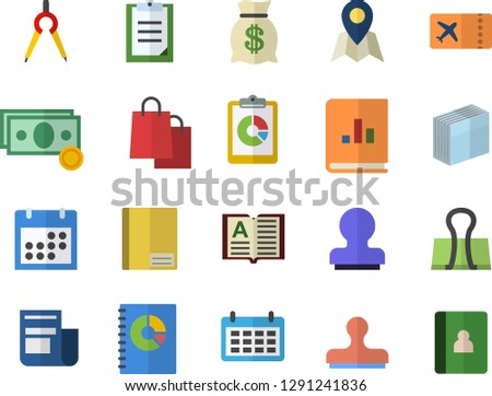 Color flat icon set dividers flat vector, graphic report, cash, wealth, calendar, bags, news, book balance accounting, clipboard, notebook, sticker, stamp, ticket fector, location, binder clip