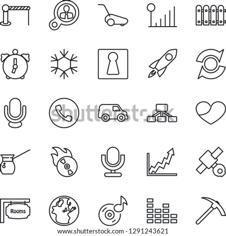 Thin Line Icon Set - barrier vector, phone, female, lawn mower, satellite, flame disk, equalizer, microphone, heart, alarm, music, cellular signal, update, fence, rooms, turkish coffee, snowflake