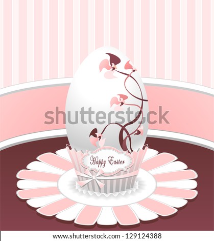 Style  Easter Egg  in pink color with drawing flowers bow and label or creative post card