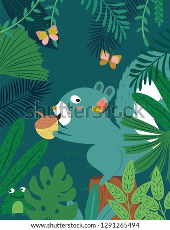Squirrel in forest pattern. Vector illustration
