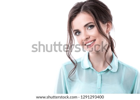 Beautiful smiling lady on white background. Office worker close-up.