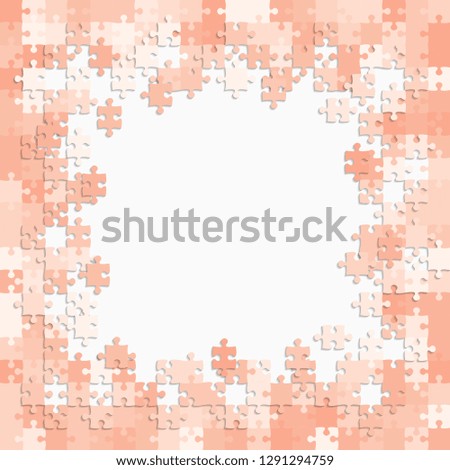 Piece puzzle background, banner, blank. Vector jigsaw section template isolated. Background with puzzle red mosaic, details, tiles, parts. Square outline pattern jigsaw. Game group detail.