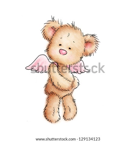 teddy bear with pink wings on white background