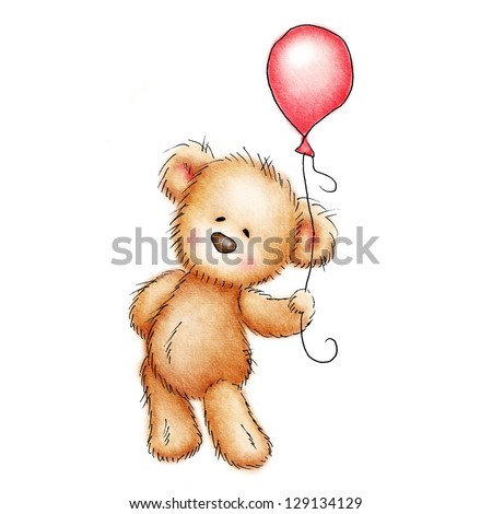 teddy bear with red balloon on white background
