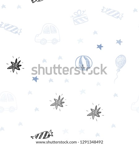 Light BLUE vector seamless layout in new year style. Shining illustration with a toy car, baloon, candy, star, ball. Design for holiday adverts.