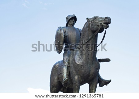 Picture of medieval warrior on horse statue in Gyula, Hungary
