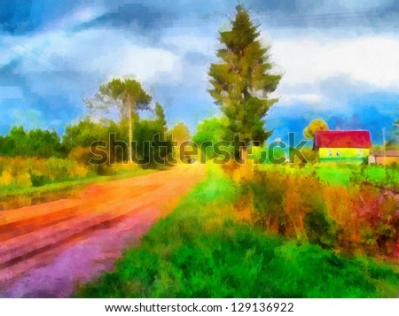 Digital structure of painting. Rural landscape