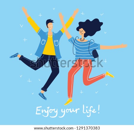 Concept of young people jumping on blue background. Stylish modern vector illustration card with happy male and female teenagers and hand drawing quote Enjoy your life