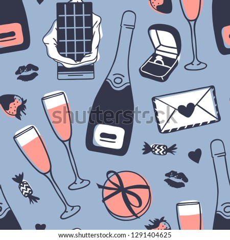 Hand drawn Fashion Seamless pattern with Romantic Objects. Creative ink art work. Actual vector drawing of Holiday things. Happy Valentine's Day  Illustration