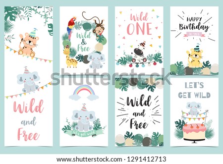 Green birthday card with tiger,monkey, giraffe, zebra,cake,leaf,rainbow and balloon.The wording are Wild and free ,Wild one