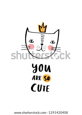 Baby print: You are so cute. Hand drawn graphic for typography poster, card, label, brochure, flyer, page, banner, baby wear, nursery.  Scandinavian style. Black and yellow. Vector illustration