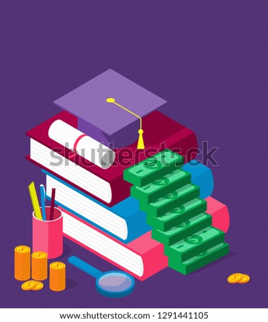 invest in education isometric concept in flat style - stack of coins and book with university hat 