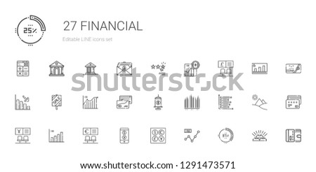 financial icons set. Collection of financial with percentage, line chart, coins, currency, bank, bar chart, funds, credit card, sale, loss. Editable and scalable financial icons.