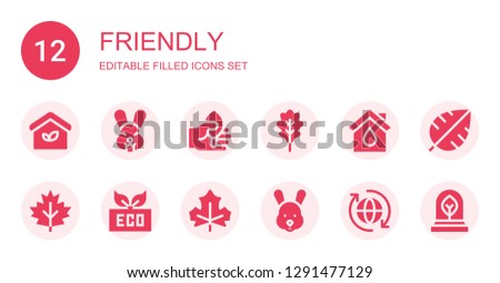 friendly icon set. Collection of 12 filled friendly icons included Eco house, Rabbit, Leaf, Eco