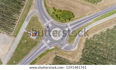 Aerial shot of a roundabout. At the entrance to a small town in the eastern part of Slovenia.