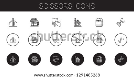 scissors icons set. Collection of scissors with comb, barbershop, stationery, eraser. Editable and scalable scissors icons.