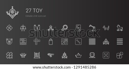 toy icons set. Collection of toy with robot, paper boat, collar, abacus, puzzle, tic tac toe, dice, domino, feeder, hopscotch, bear, air hockey. Editable and scalable toy icons.
