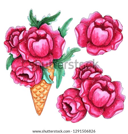 Watercolor hand painted pink peony flowers in ice cream. Bright illustration perfect for summer wedding invitation and party card making 