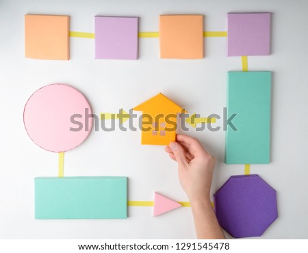 Real estate flowchart. Hand putting house figurine between colored block. 3D paper algorithm diagram on white.