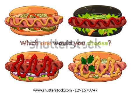 Group of vector colorful illustrations on the fast food theme; set of different kinds of hotdogs. Isolated objects for your design.