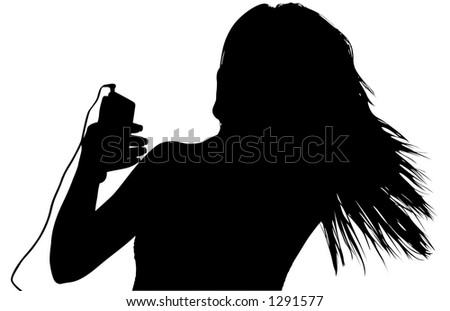 Silhouette over white with clipping path. Woman with digital music player dancing.