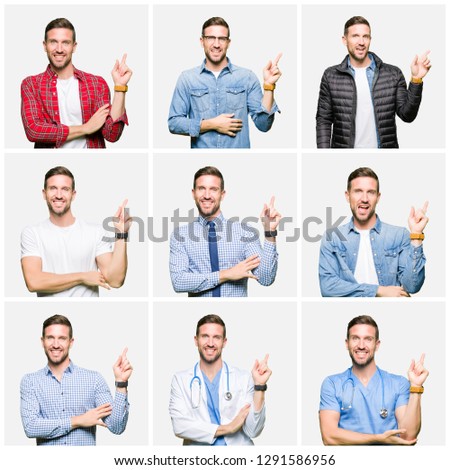 Collage of attractive young man over white isolated background with a big smile on face, pointing with hand and finger to the side looking at the camera.
