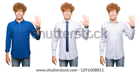Collage of young bussines man with curly hair wearing glasses over isolated white background showing and pointing up with fingers number five while smiling confident and happy.