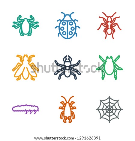 bug icons. Trendy 9 bug icons. Contain icons such as spider web, beetle, caterpillar, fly, ant, ladybug. bug icon for web and mobile.