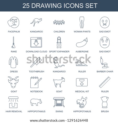 drawing icons. Trendy 25 drawing icons. Contain icons such as facepalm, kangaroo, children, woman pants, sad emot, rake, download cloud, sport expander. drawing icon for web and mobile.