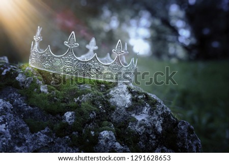 mysterious and magical photo of silver king crown over the stone covered with moss in the England woods or field landscape with light flare. Medieval period concept