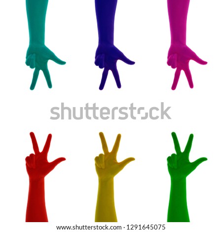Collage of hand sign three fingers colored on red, yellow, green, blue, cyan, pink, magenta on the white background isolated 