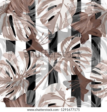 Tropical Flowers. Exotic Palm Greenery Backdrop. Summer Design for Swimwear. Seamless Illustration. Tropical Flowers and Leaves.