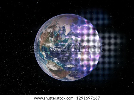 Planet Earth in outer space, half break down into the technology mosaic rhombus tiles. Conceptual collage. Elements of this image furnished by NASA.
