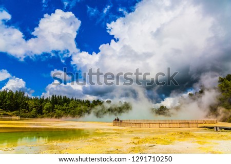 Thermal Wonderland. The magic country is Wai - O - Tapu. Lake with light yellow opaque water. New Zealand, North Island. The concept of active and phototourism
