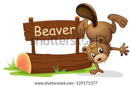 Illustration of a beaver perfoming a handstand beside a signboard on a white background