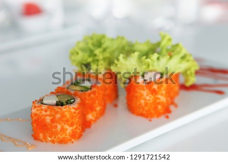Sushi Traditional Japanese food. Fresh cheese roll sushi made of fresh salmon. 