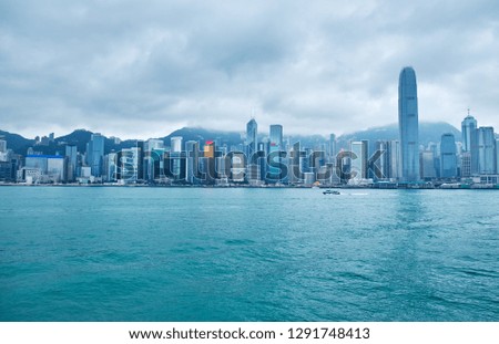 View of Victoria Harbor and skyline of Hong Kong in winter