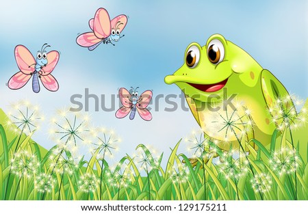 Illustration of a frog and butterflies in the garden