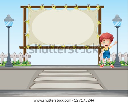 Illustration of a boy waving his hand near a signboard
