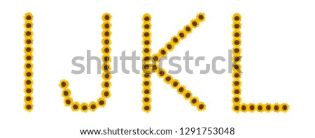 High resolution large color floral/flower characters/letter set I J K L constructed from sunflower blossom macros on white background