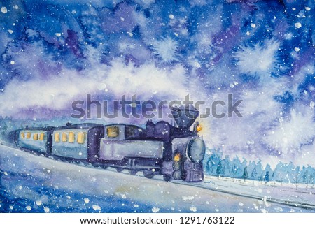 Steam locomotive rides on a winter night watercolor